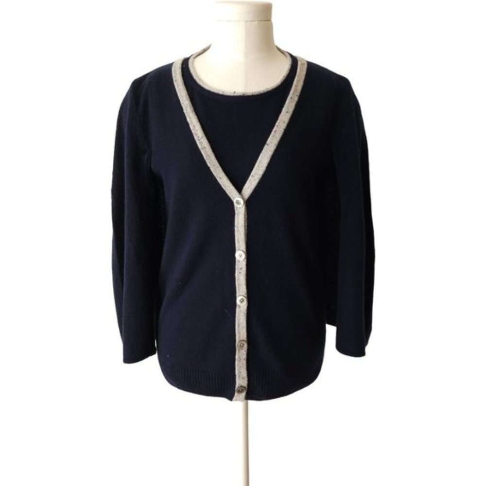 St. John 100% Cashmere navy cape twinset with grey speckled trim
